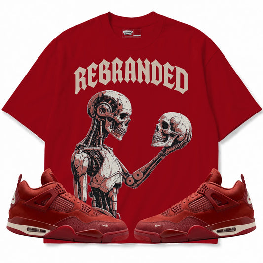 Rebranded Studios A Look At The Past Air Jordan 4 Brick By Brick red shirt — front with sneakers