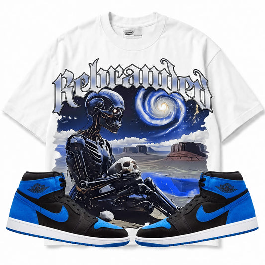 Rebranded Studios Rebranded Future Air Jordan 1 Royal Reimagined White shirt — front with sneakers