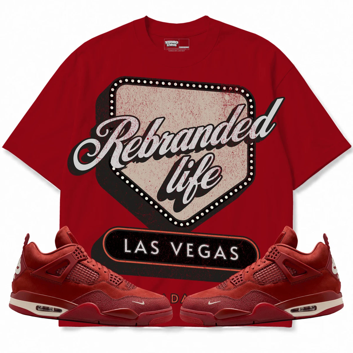 Rebranded Studios Life Air Jordan 4 Brick By Brick red shirt — front with sneakers