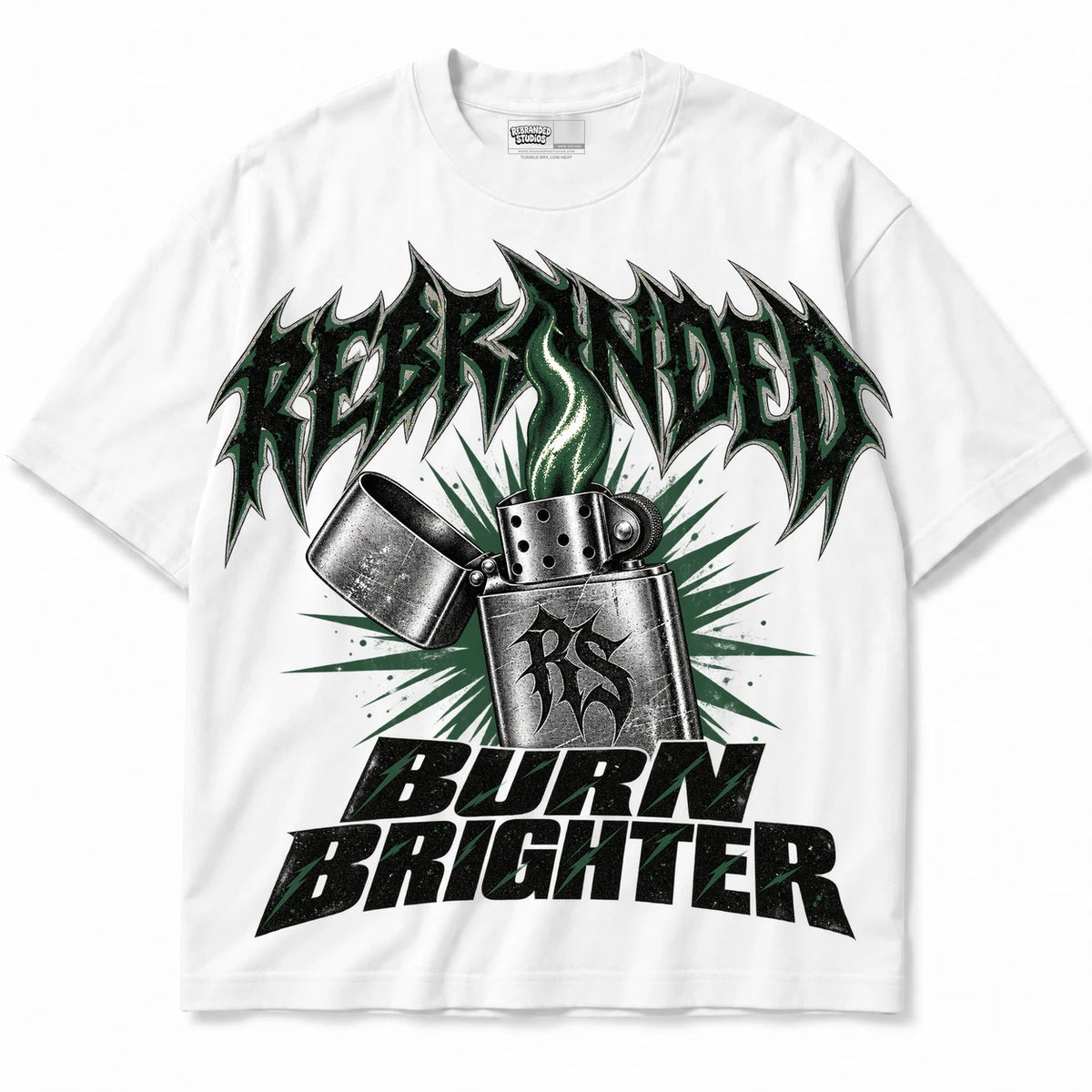 Rebranded Studios Burn Brighter Air Jordan 14 Forest Green Collection white shirt — front