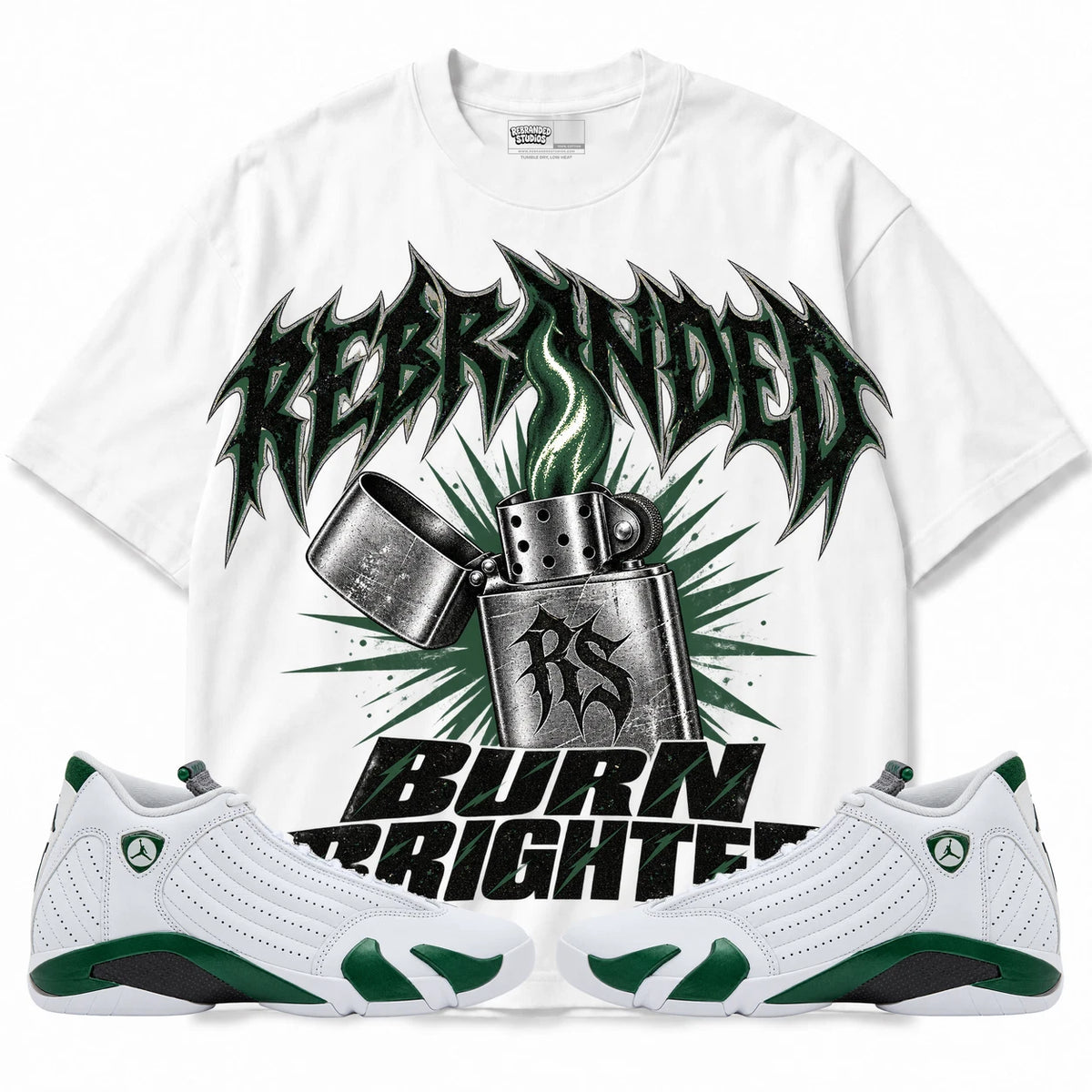 Rebranded Studios Burn Brighter Air Jordan 14 Forest Green Collection white shirt — front with sneakers