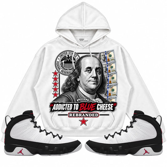 Rebranded Studios Addicted To Blue Cheese Air Jordan 9 OG Space Jam white hoodie — front with sneakers