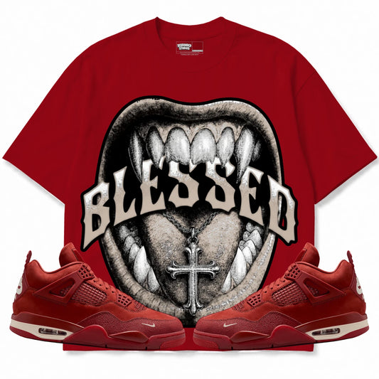 Rebranded Studios Blessed Air Jordan 4 Brick By Brick red shirt — front with sneakers