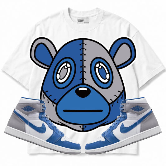 Rebranded Studios Rebranded Bear Air Jordan Retro 1 True Blue White shirt — front with sneakers