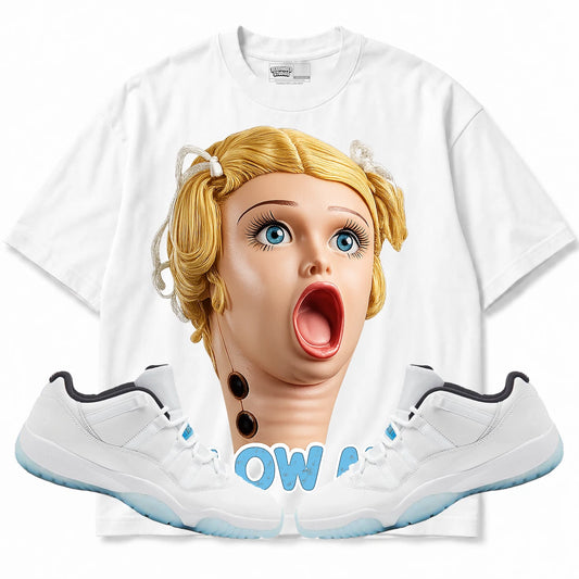 Rebranded Studios Blow Me Air Jordan 11 Legend Blue White shirt — front with sneakers