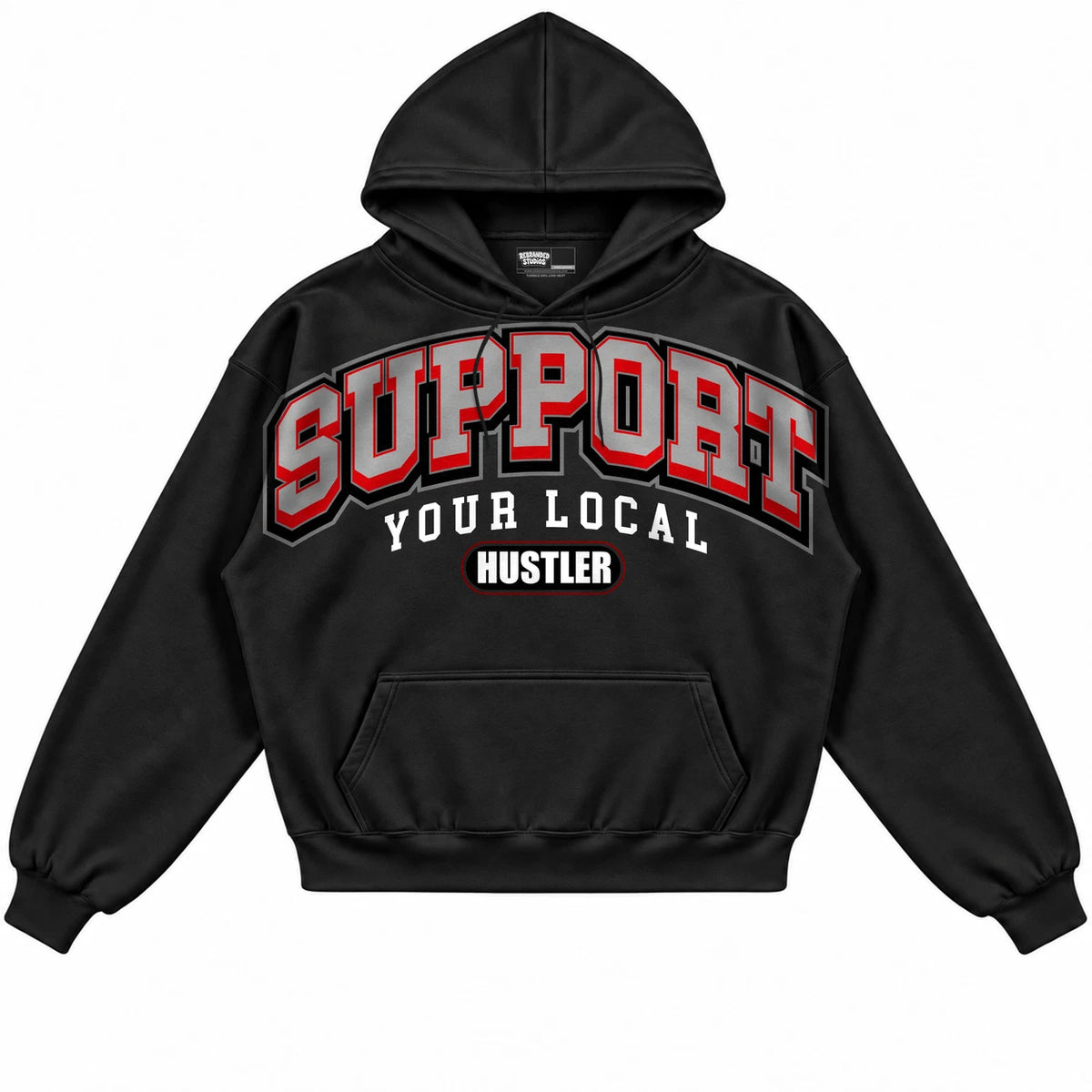 Rebranded Studios Support Your Local Hustler Air Jordan 12 Bloodline Black hoodie — front