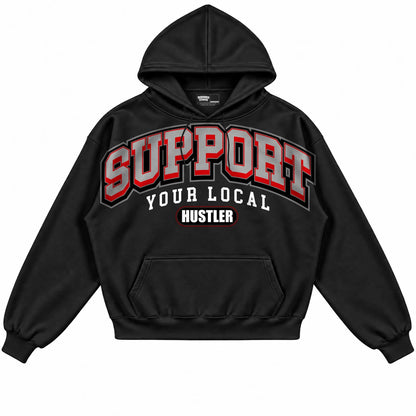 Rebranded Studios Support Your Local Hustler Air Jordan 12 Bloodline Black hoodie — front