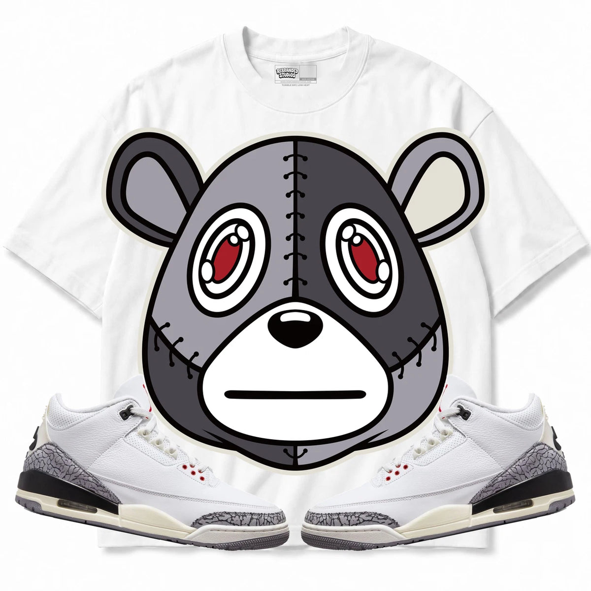 Rebranded Studios Rebranded Bear Air Jordan Retro 3 White Cement White shirt — front with sneakers