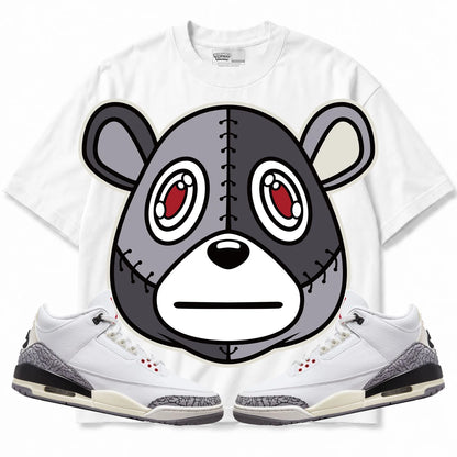 Rebranded Studios Rebranded Bear Air Jordan Retro 3 White Cement White shirt — front with sneakers
