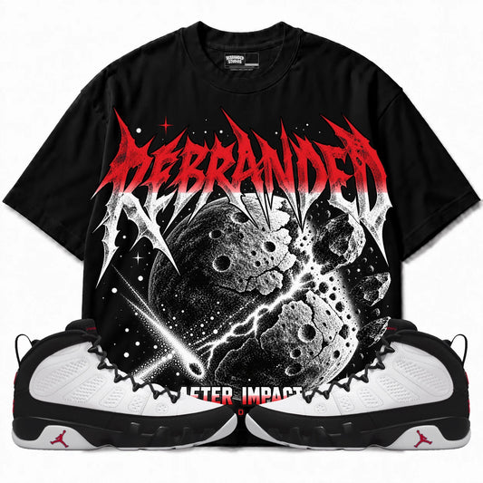 Rebranded Studios After Impact Air Jordan 9 OG Space Jam Collection black shirt — front with sneakers