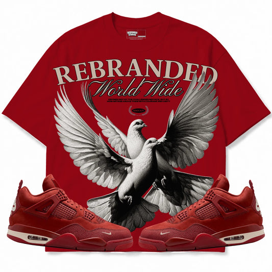 Rebranded Studios WW Birds Air Jordan 4 Brick By Brick red shirt — front with sneakers