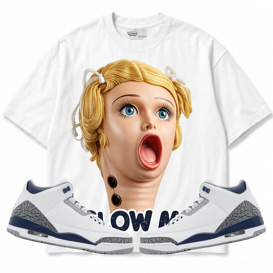 Rebranded Studios Blow Me Air Jordan 3 White Navy White shirt — front with sneakers