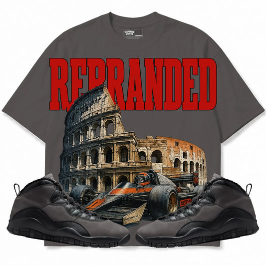 Rebranded Studios Nascar Air Jordan 10 Shadow Collection charcoal gray shirt — front with sneakers