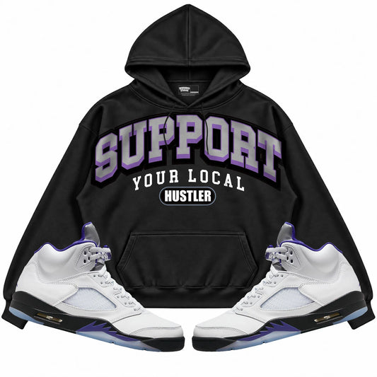 Rebranded Studios Support Your Local Hustler Air Jordan Retro 5 Concord Black hoodie — front with sneakers