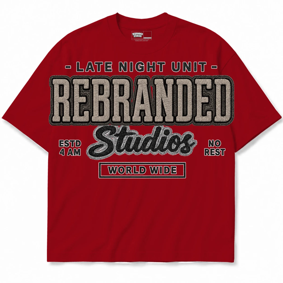 Rebranded Studios Late Night Unit Air Jordan 4 Brick By Brick red shirt — front