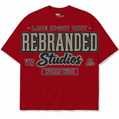 Rebranded Studios Late Night Unit Air Jordan 4 Brick By Brick red shirt — front