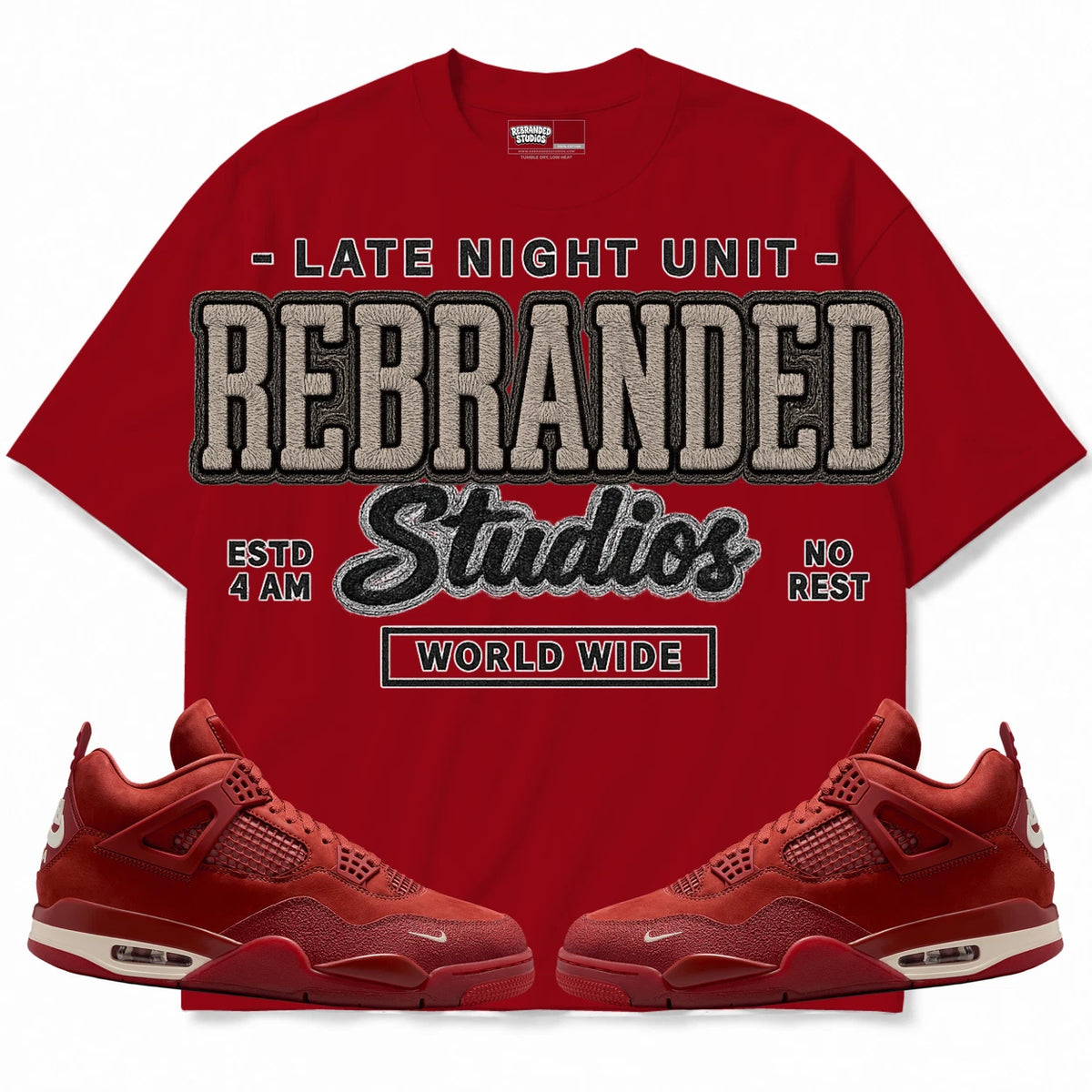 Rebranded Studios Late Night Unit Air Jordan 4 Brick By Brick red shirt — front with sneakers