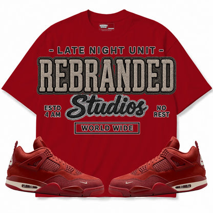 Rebranded Studios Late Night Unit Air Jordan 4 Brick By Brick red shirt — front with sneakers