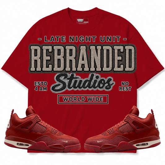 Rebranded Studios Late Night Unit Air Jordan 4 Brick By Brick red shirt — front with sneakers