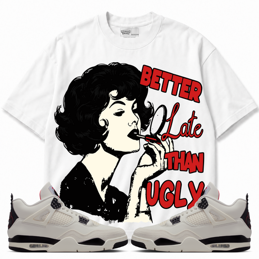 Rebranded Studios Better Late Than Ugly Air Jordan 4 Flight Club Graphic T-Shirt — front styled with matching Flight Club sneakers
