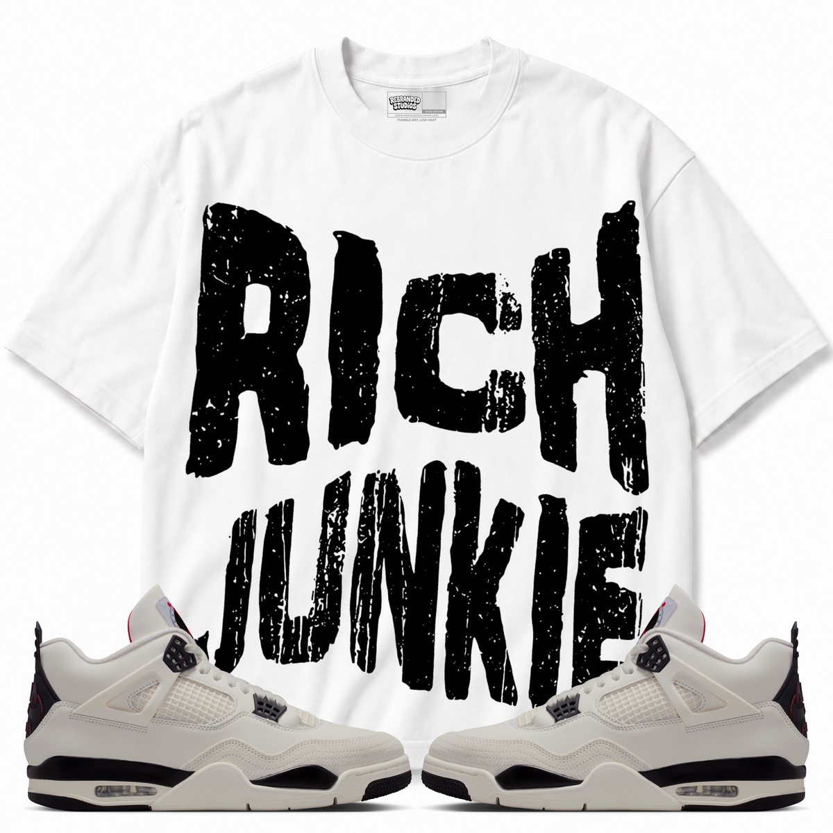 Rebranded Studios Rich Junkie/No Emotion Air Jordan 4 Flight Club Graphic T-Shirt — front styled with matching Flight Club sneakers