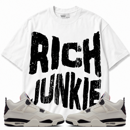 Rebranded Studios Rich Junkie/No Emotion Air Jordan 4 Flight Club Graphic T-Shirt — front styled with matching Flight Club sneakers