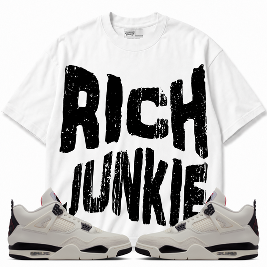 Rebranded Studios Rich Junkie/No Emotion Air Jordan 4 Flight Club Graphic T-Shirt — front styled with matching Flight Club sneakers