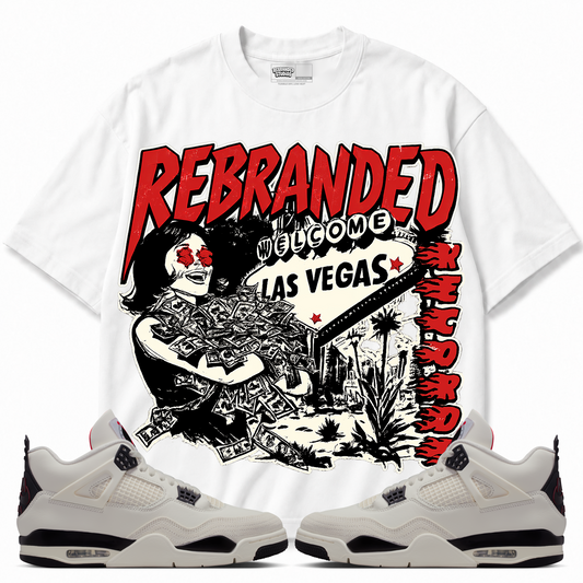 Rebranded Studios Welcome Vegas Air Jordan 4 Flight Club Graphic T-Shirt — front styled with matching Flight Club sneakers