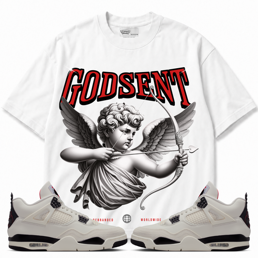 Rebranded Studios God Sent Air Jordan 4 Flight Club Graphic T-Shirt — front styled with matching Flight Club sneakers