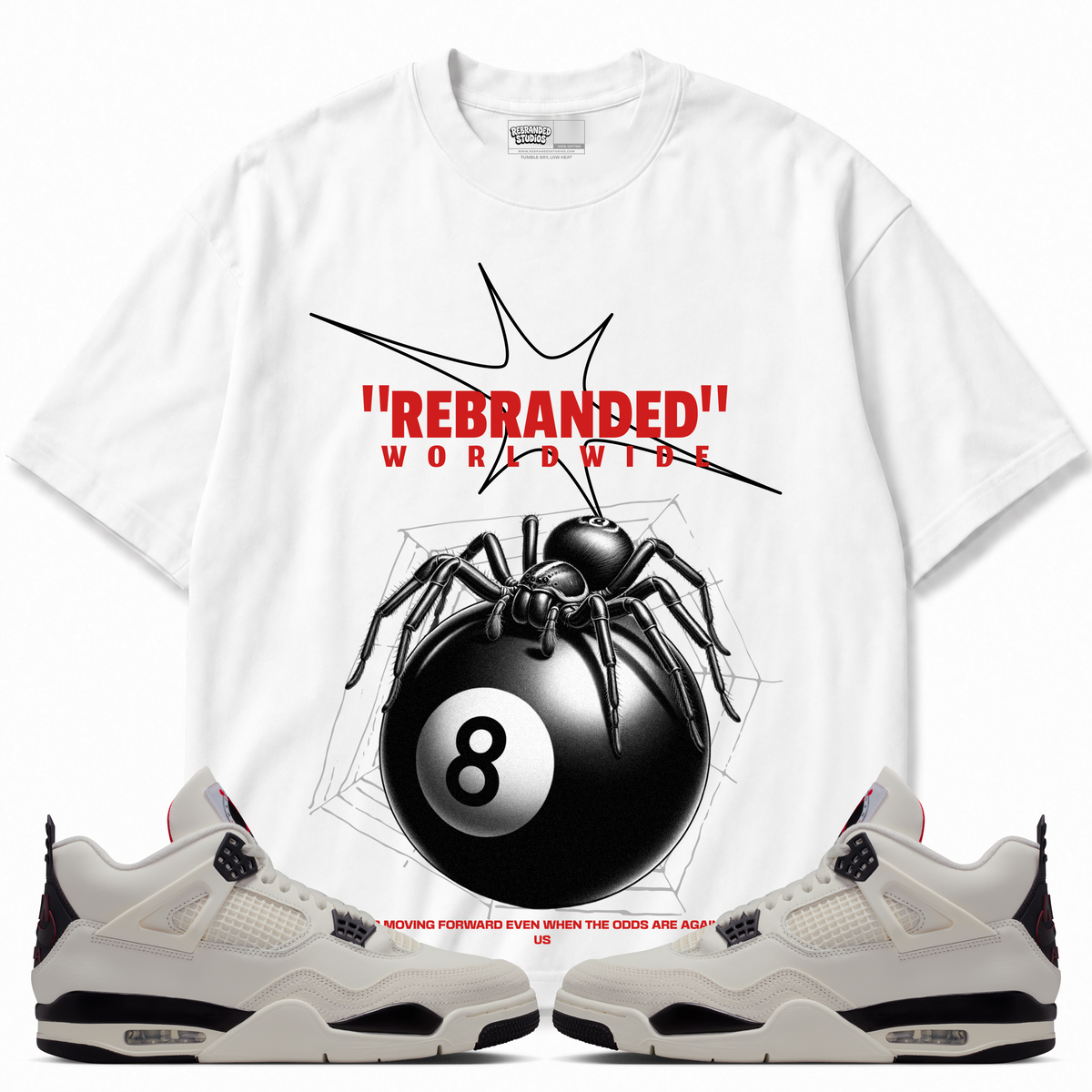 Rebranded Studios Spider Air Jordan 4 Flight Club Graphic T-Shirt — front styled with matching Flight Club sneakers