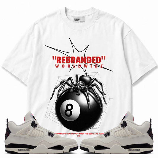 Rebranded Studios Spider Air Jordan 4 Flight Club Graphic T-Shirt — front styled with matching Flight Club sneakers