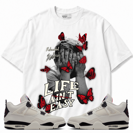 Rebranded Studios Life Ain't Easy Air Jordan 4 Flight Club Graphic T-Shirt — front styled with matching Flight Club sneakers