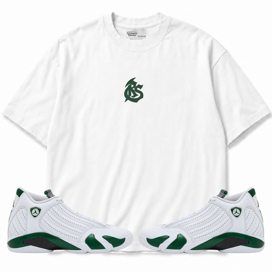Rebranded Studios RS Logo Air Jordan 14 Forest Green T-shirt — front with matching sneakers