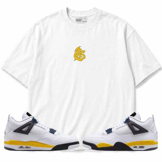 Rebranded Studios RS Logo Air Jordan 4 Tour Yellow T-shirt — front with matching sneakers