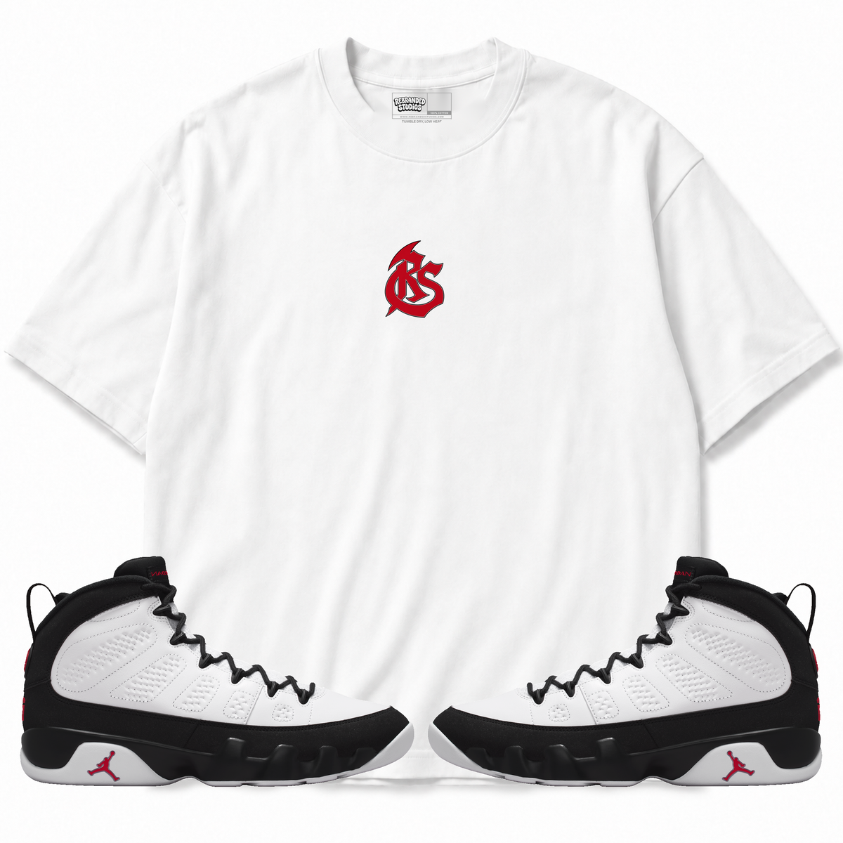 Rebranded Studios RS Logo Air Jordan 9 OG Space Jam Collection T-shirt — front with matching sneakers