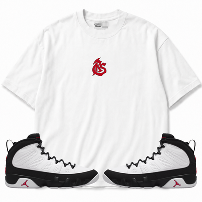 Rebranded Studios RS Logo Air Jordan 9 OG Space Jam Collection T-shirt — front with matching sneakers