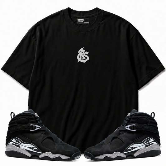 Rebranded Studios RS Logo Air Jordan 8 Chrome T-shirt — front with matching sneakers