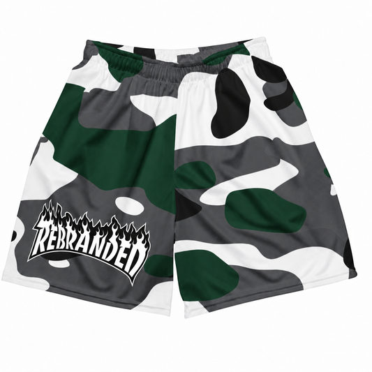 Rebranded Studios Classic Camo Air Jordan 14 Forest Green Mesh Shorts - front