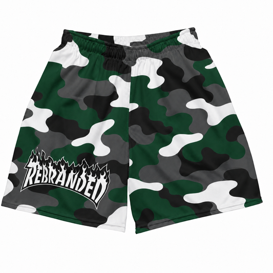 Rebranded Studios Contour Camo Air Jordan 14 Forest Green Mesh Shorts - front