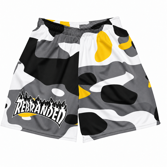 Rebranded Studios Classic Camo Air Jordan 4 Tour Yellow Mesh Shorts - front