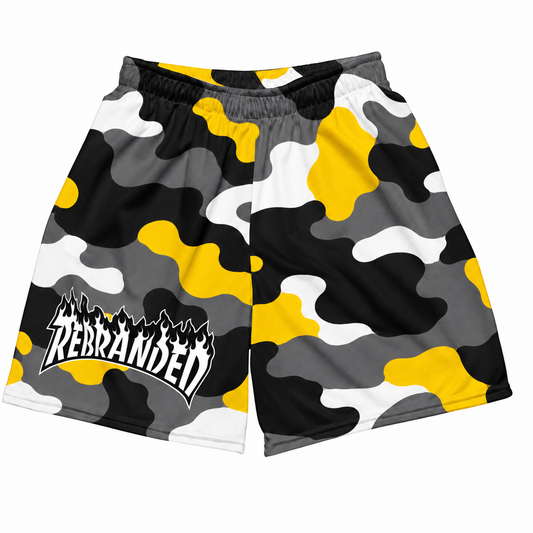 Rebranded Studios Contour Camo Air Jordan 4 Tour Yellow Mesh Shorts - front