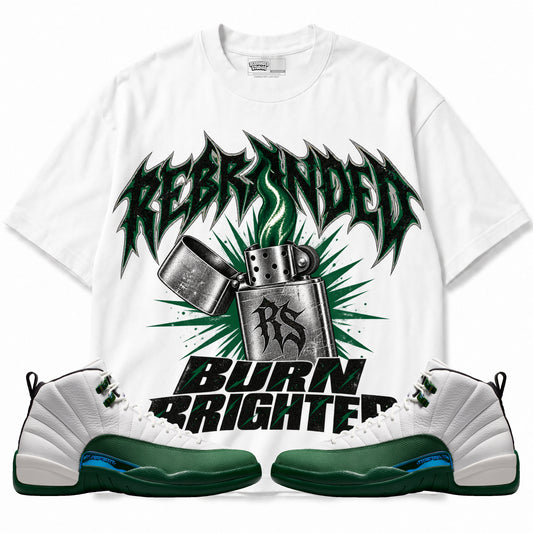 Rebranded Studios Burn Brighter Air Jordan 12 Bucks Graphic T-Shirt — front with sneakers