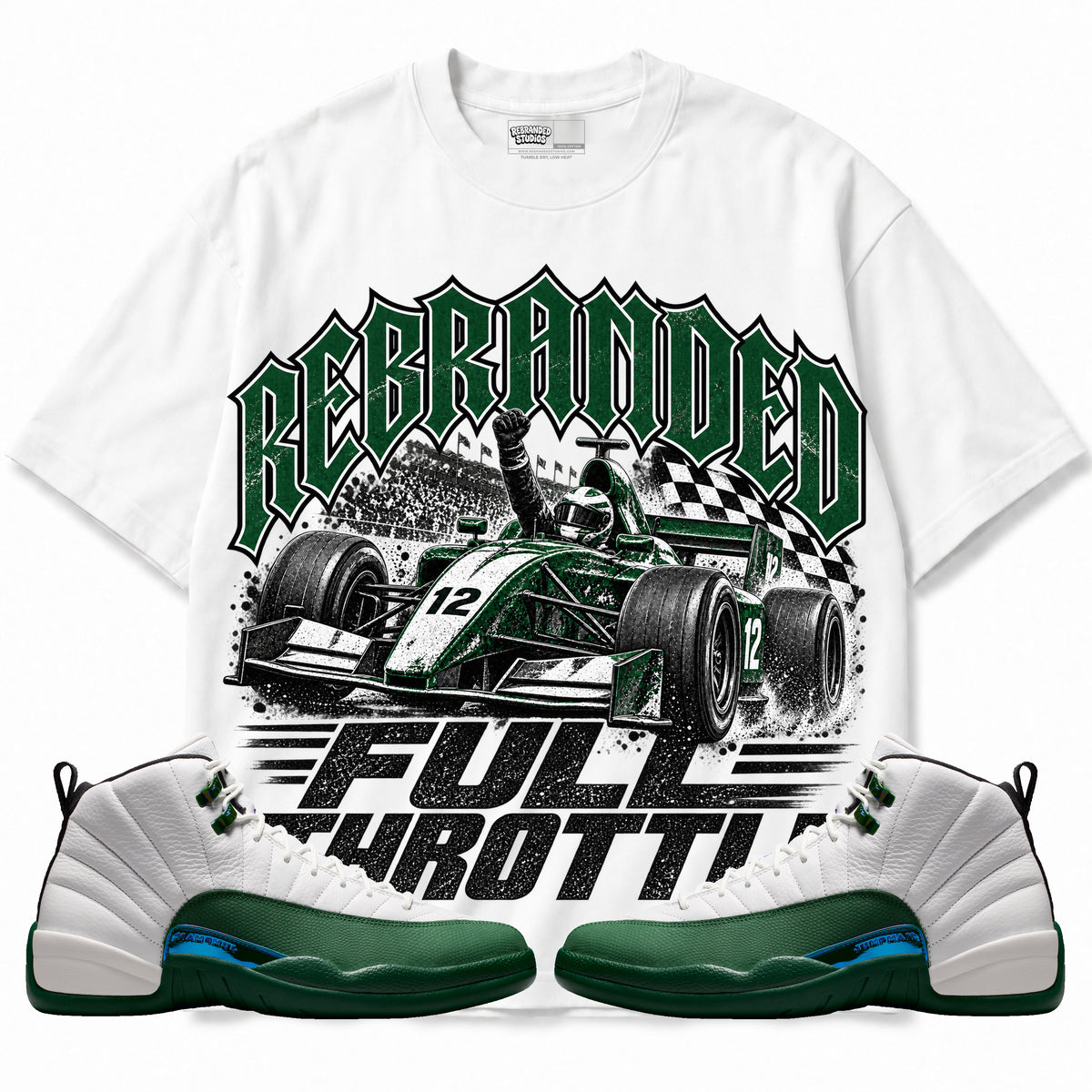 Rebranded Studios Full Throttle Air Jordan 12 Bucks Graphic T-Shirt — front with sneakers