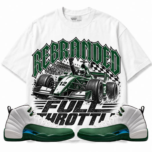 Rebranded Studios Full Throttle Air Jordan 12 Bucks Graphic T-Shirt — front with sneakers