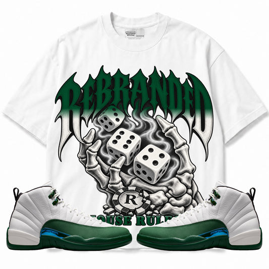 Rebranded Studios House Rules Air Jordan 12 Bucks Graphic T-Shirt — front with sneakers