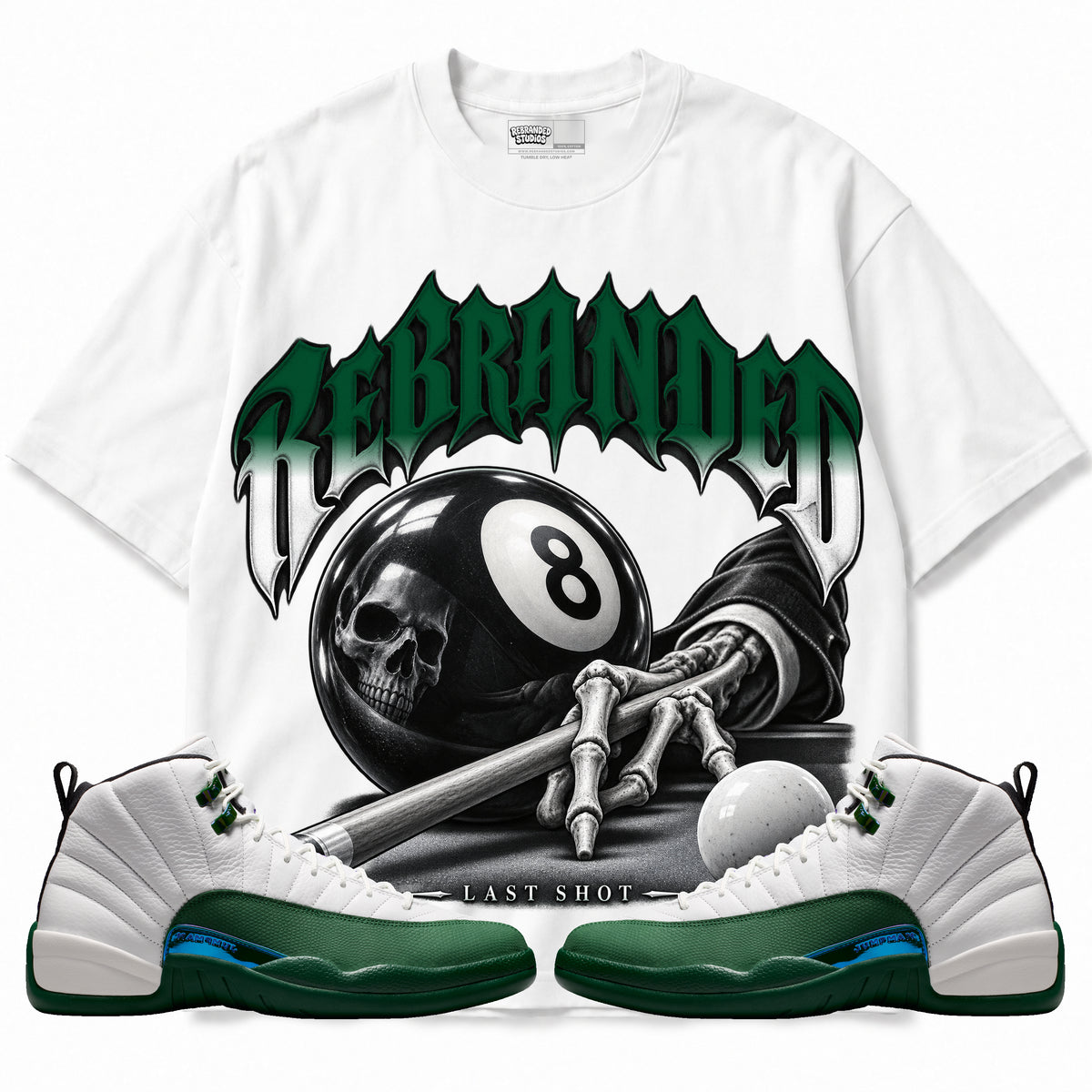 Rebranded Studios Last Shot Air Jordan 12 Bucks Graphic T-Shirt — front with sneakers