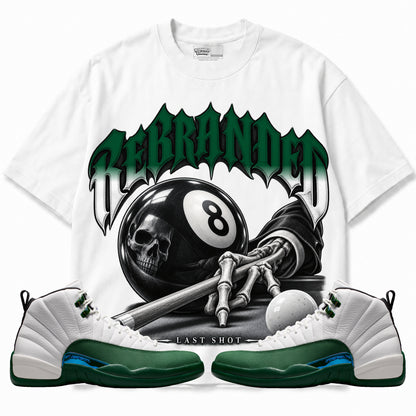 Rebranded Studios Last Shot Air Jordan 12 Bucks Graphic T-Shirt — front with sneakers