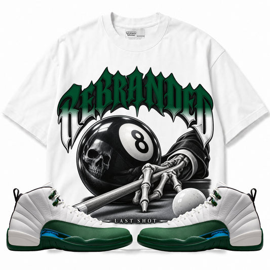 Rebranded Studios Last Shot Air Jordan 12 Bucks Graphic T-Shirt — front with sneakers