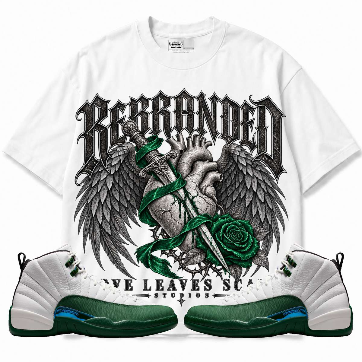 Rebranded Studios Love Leaves Scars Air Jordan 12 Bucks Graphic T-Shirt — front with sneakers