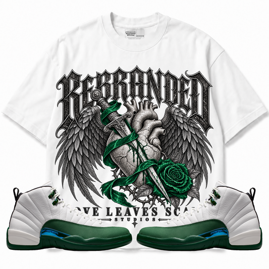 Rebranded Studios Love Leaves Scars Air Jordan 12 Bucks Graphic T-Shirt — front with sneakers